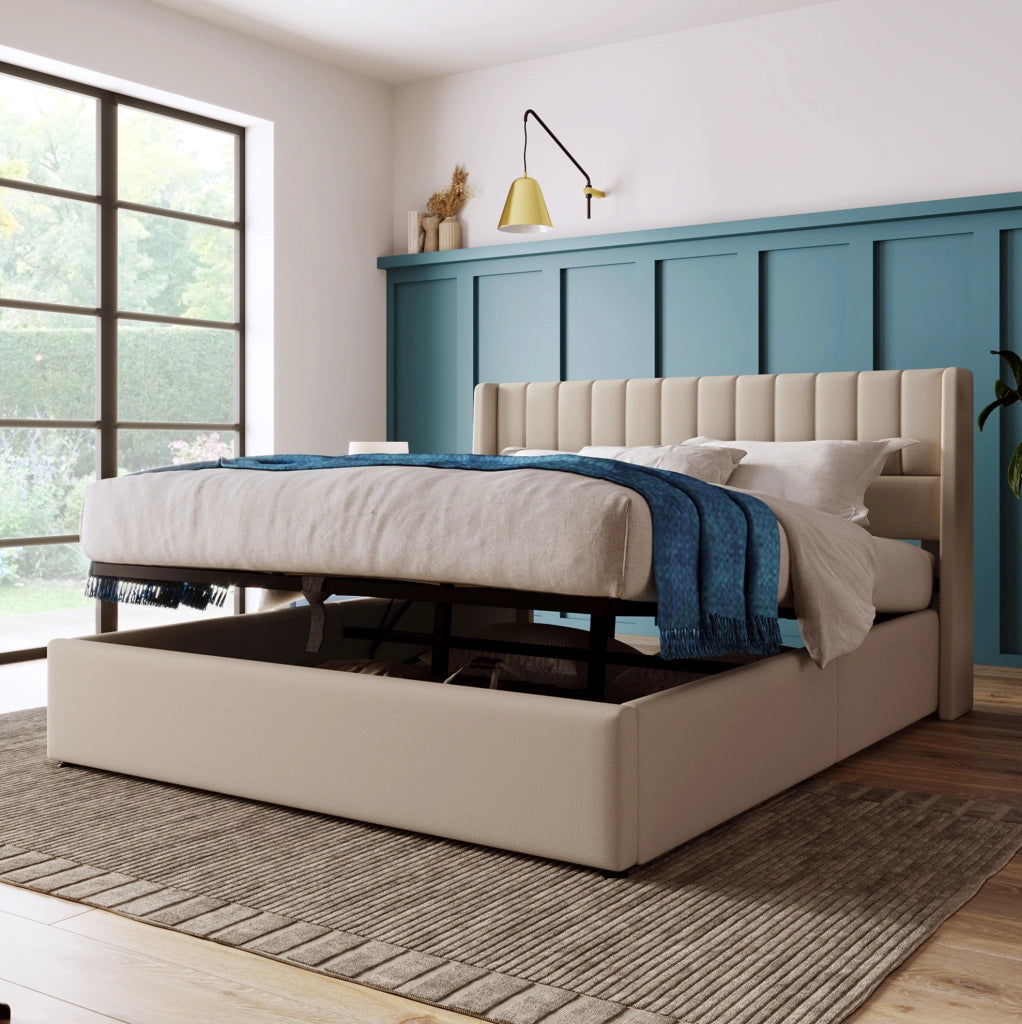 Letto matrimoniale contenitore 180x200 cm con rete sollevabile; in lino beige