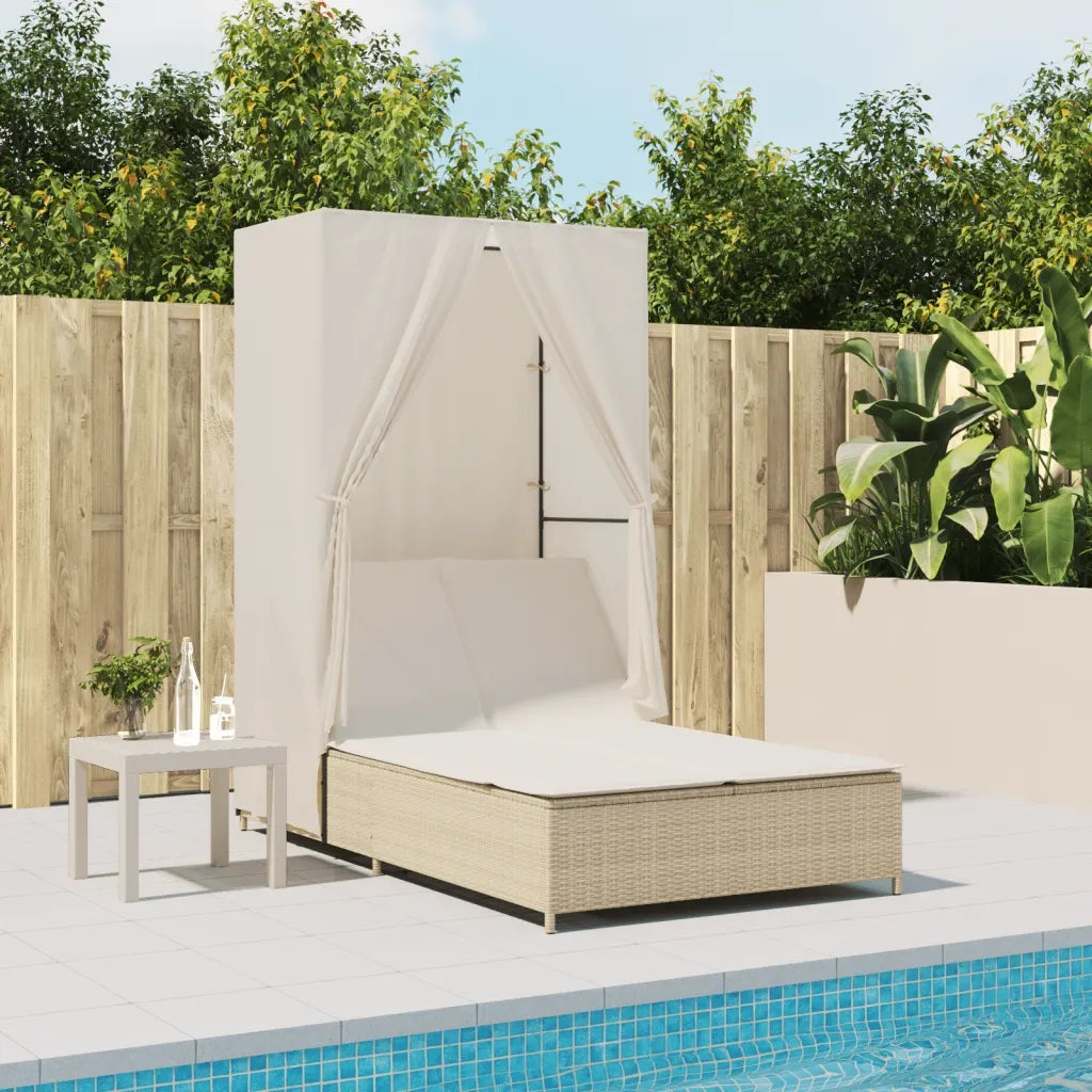 Lettino Prendisole | Sdraio da giardino | Lettino da sole con Tetto e Tende Beige in Polyrattan