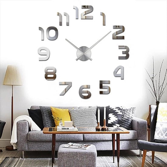 Orologio da Parete Moderno con Sticker Specchio, Orologio da Muro in Acrilico 3D, Decorazione per Casa, Ufficio, Hotel, Numeri Arabi Argento Grande