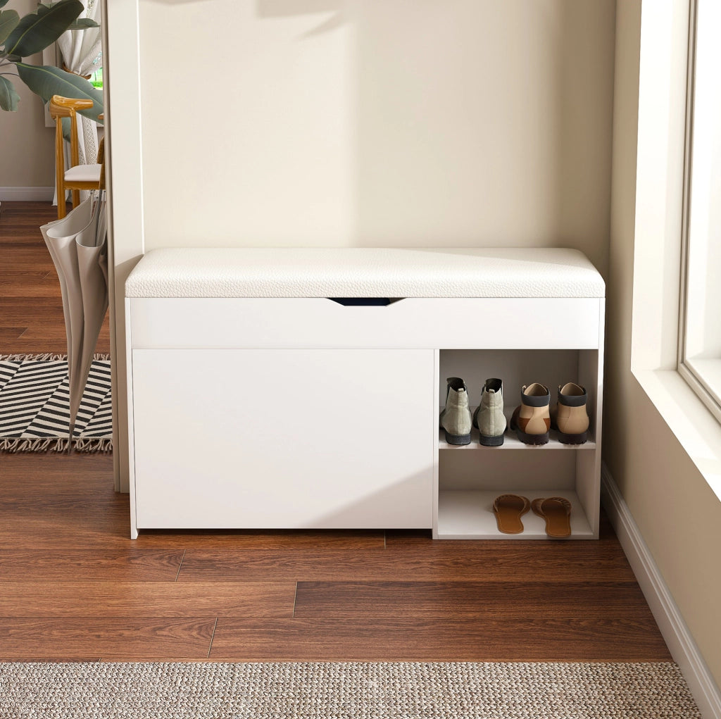 Panca portascarpe con contenitore a ribalta; 100 cm; in MDF bianco