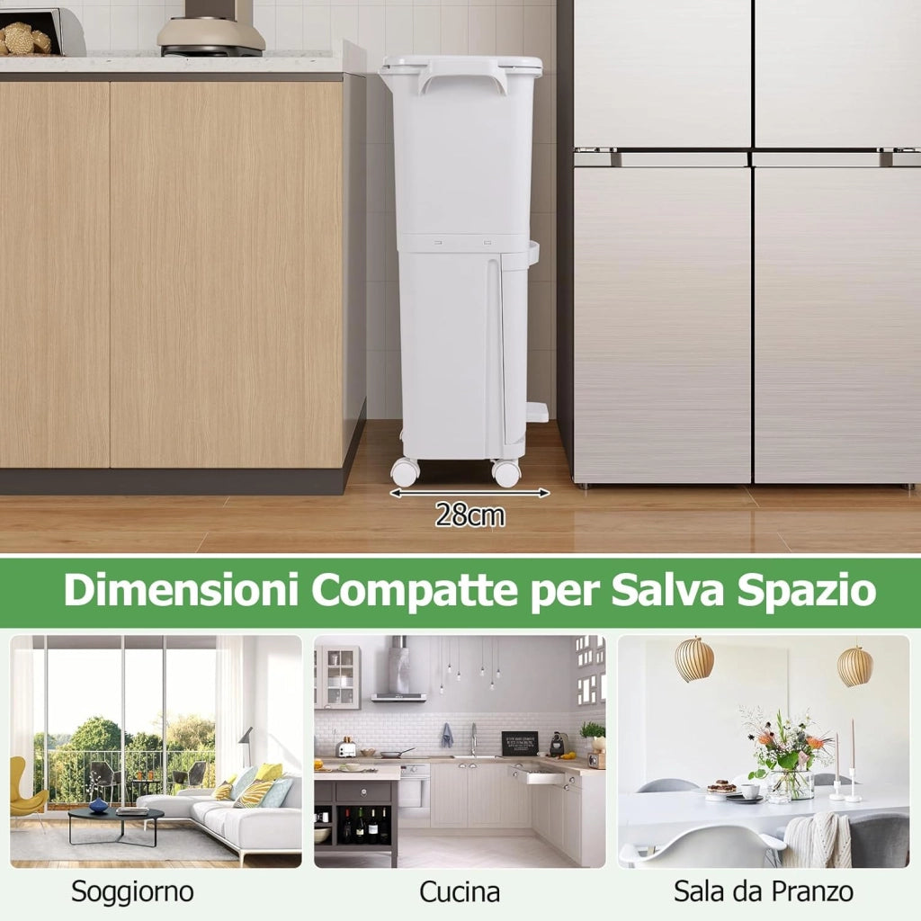 40L Pattumiera Differenziata a 3 Scomparti, Bidone per Spazzatura con Cestino Rimovibile, 4 Ruote, Secchio Rifiuti in Plastica a Pedale per Cucina Sala da Pranzo Soggiorno