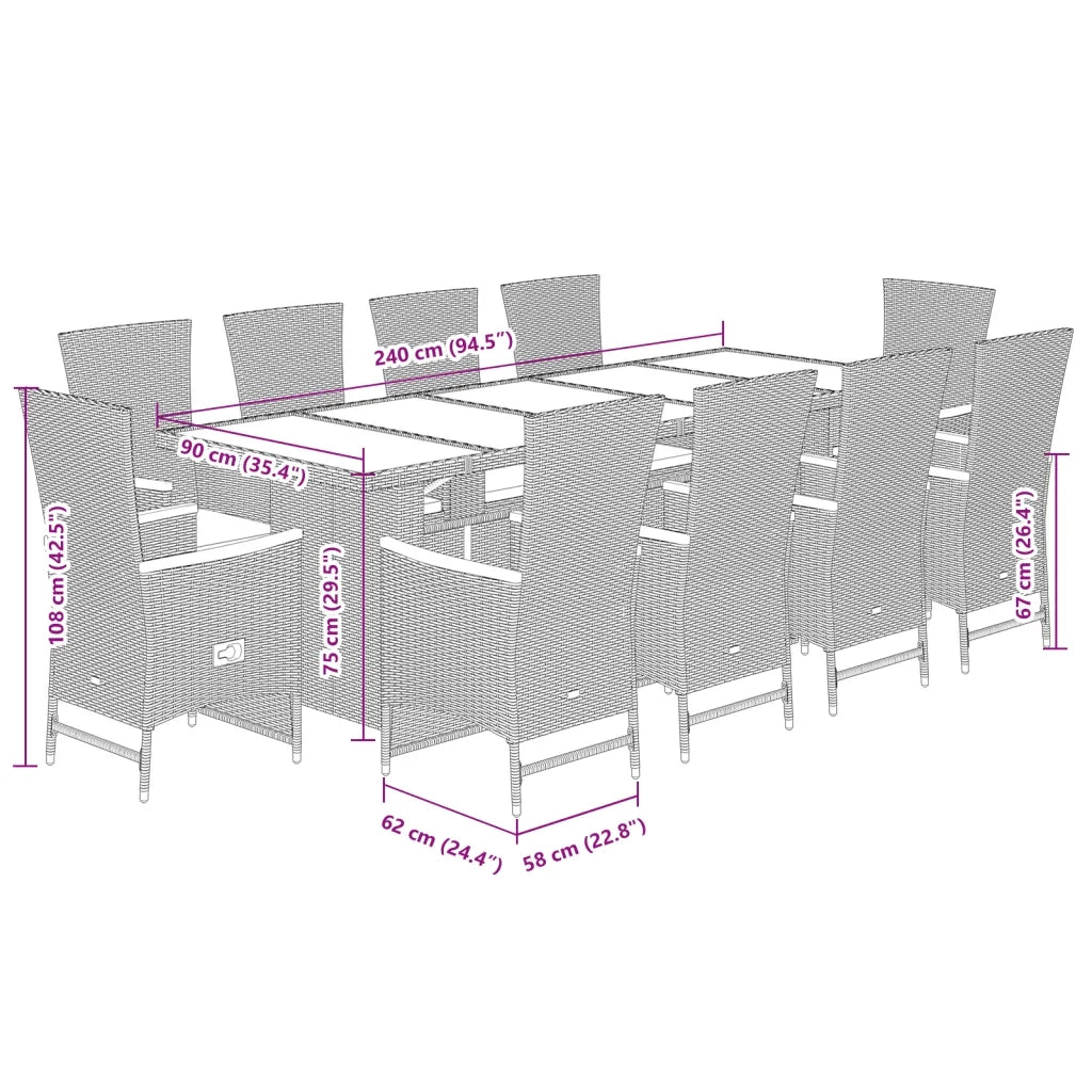 Set da Pranzo da Giardino 11pz con Cuscini in Polyrattan Grigio 3277558