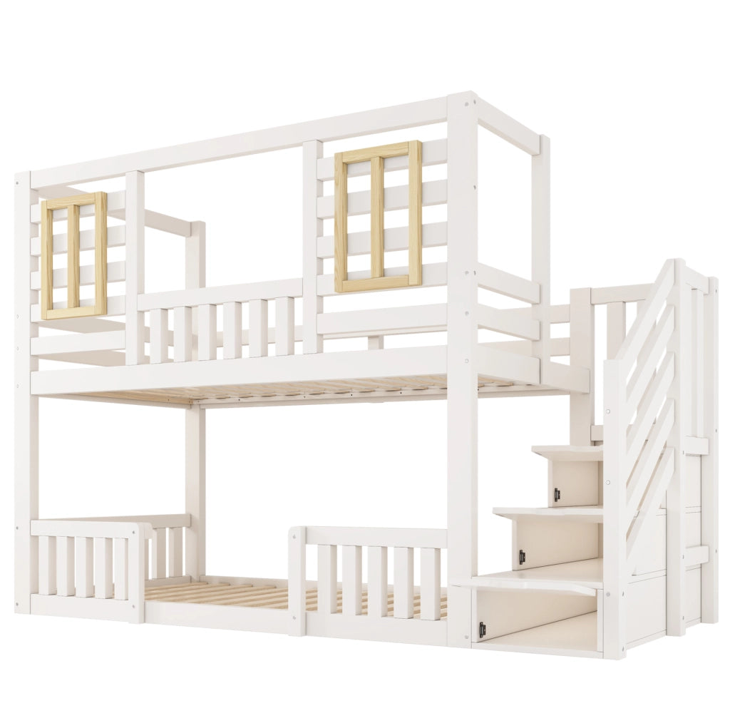 Letto a castello 90x200 cm in stile casetta con scaletta contenitore; bianco