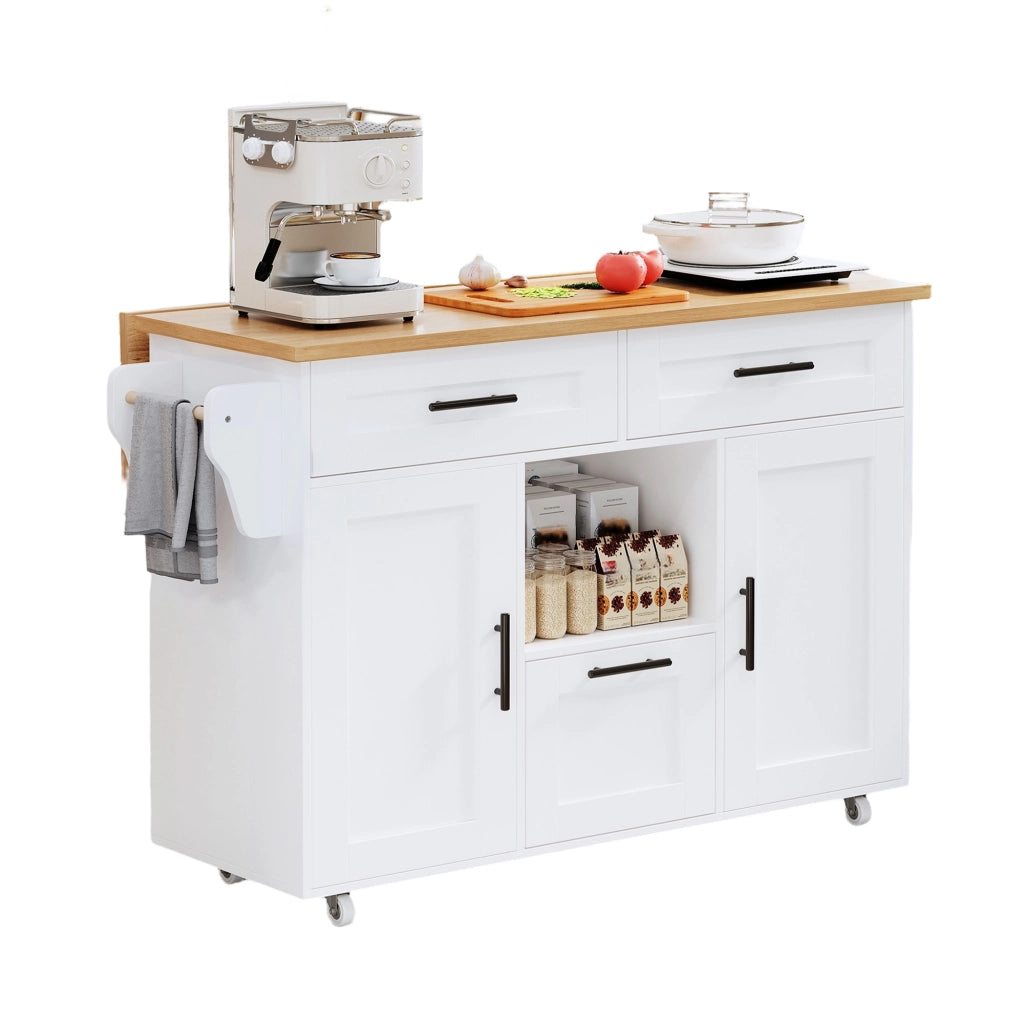 Carrello cucina bianco con ruote girevoli, vassoio pieghevole, cassetti e ripiani regolabili 120x46/71x90 cm