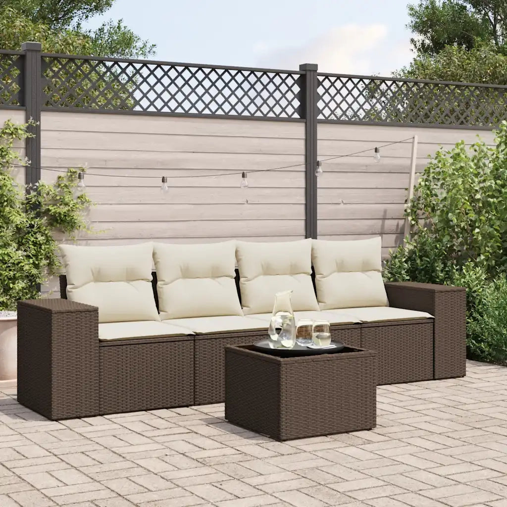 Set Divano da Giardino 5 pz | Set Salotto da Giardino con Cuscini Marrone in Polyrattan