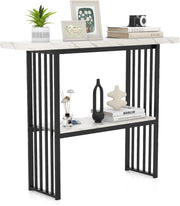 Tavolo da Ingresso Stretto e Compatto, Tavolo da Divano in Finto Marmo con Struttura in Acciaio, Consolle Moderno per Salotto e Corridoio, 120 x 29,5 x 92,5 cm (Nero e Bianco)