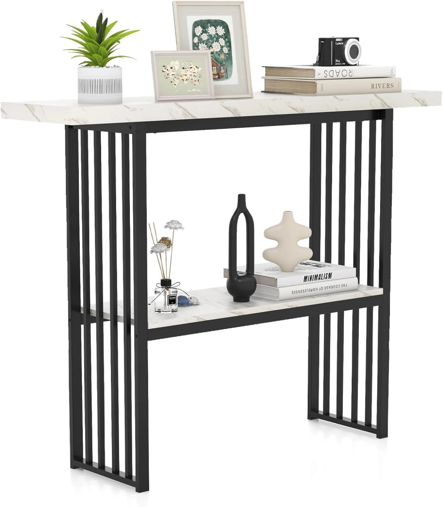 Tavolo da Ingresso Stretto e Compatto, Tavolo da Divano in Finto Marmo con Struttura in Acciaio, Consolle Moderno per Salotto e Corridoio, 120 x 29,5 x 92,5 cm (Nero e Bianco)