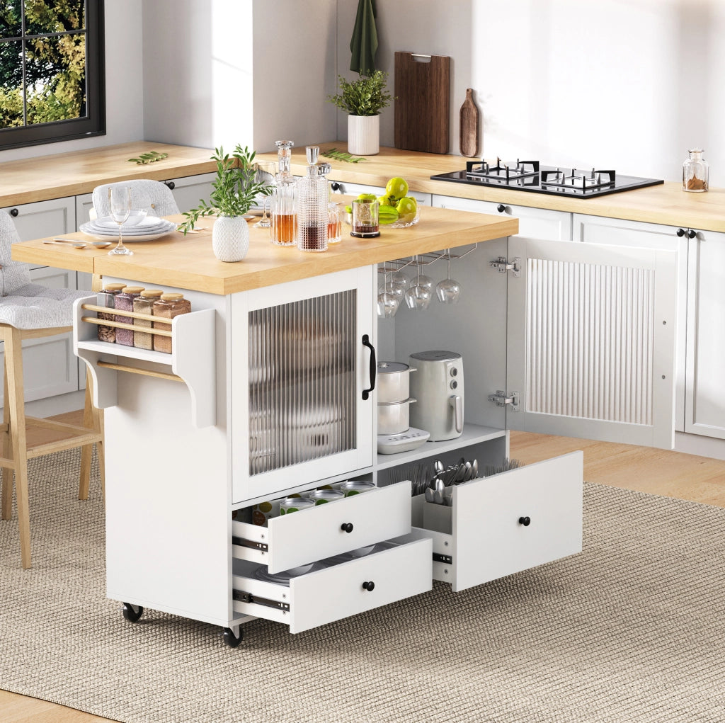 Isola cucina mobile 100x42-70x91,5 cm bianca e naturale con contenitore