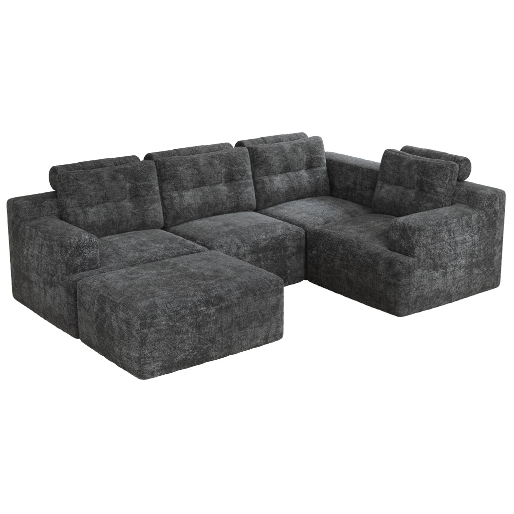 Divano modulare 5-6 posti in ciniglia grigio con pouf