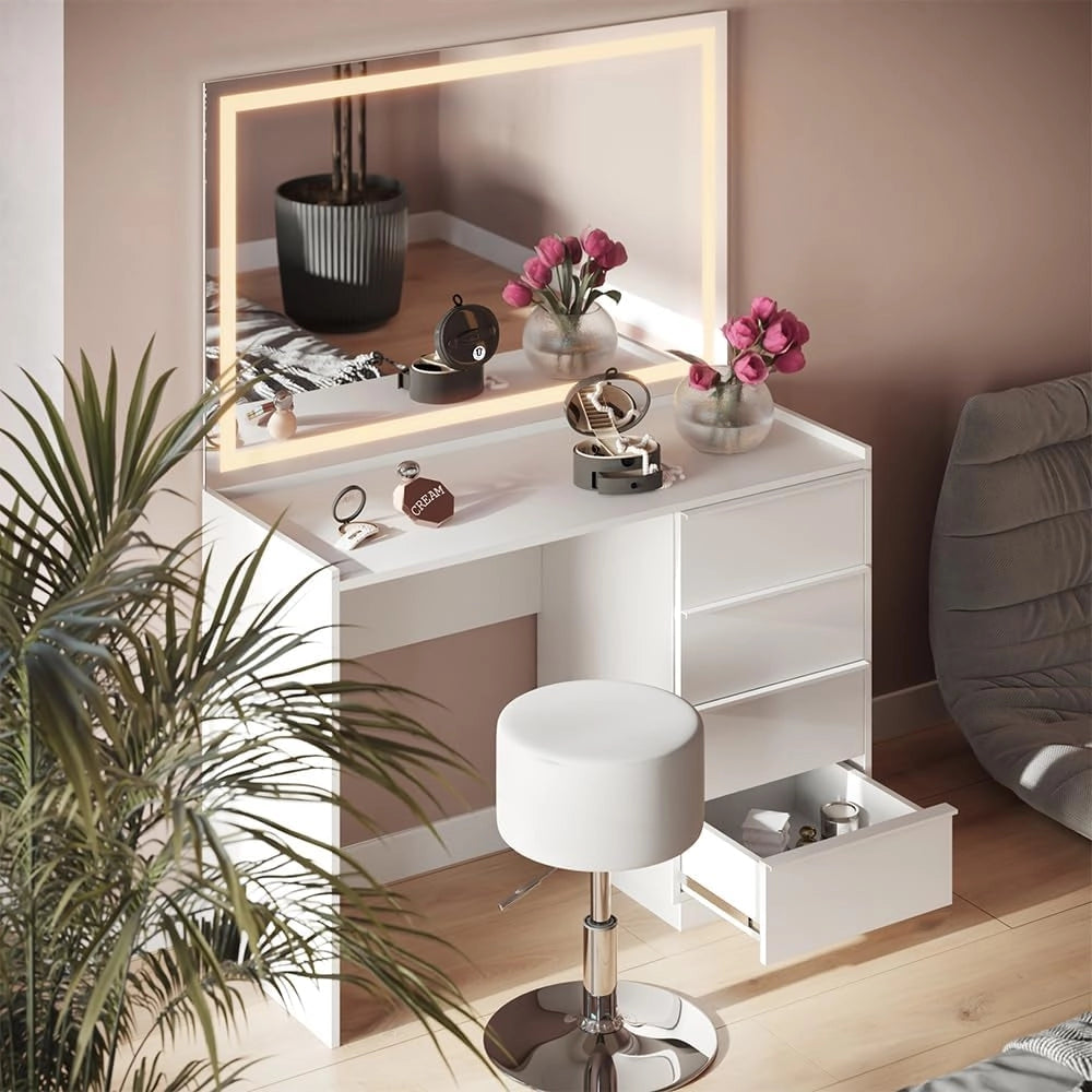 Tavolo da toeletta Viktoria, Bianco, 110 cm con specchio LED e sgabello, porta un tocco moderno all’ambiente