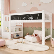 Letto a soppalco per bambini 90x200 cm in MDF e legno massiccio bianco con scala e lavagna