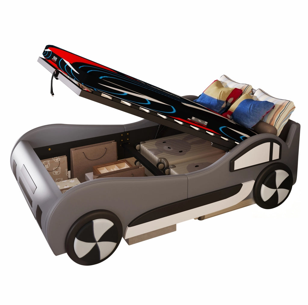 Letto per bambini a forma di auto 90x200 cm con rete a doghe e contenitore; grigio