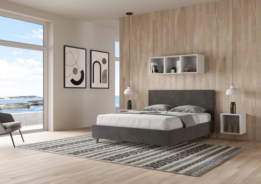 BS COM Letto queen size contenitore imbottito 150x210 microfibra grigio