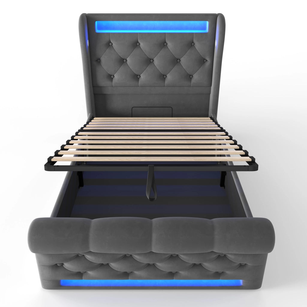 Letto contenitore imbottito ULEVR 90x200 cm con LED, USB e Type-C, rivestimento in velluto grigio