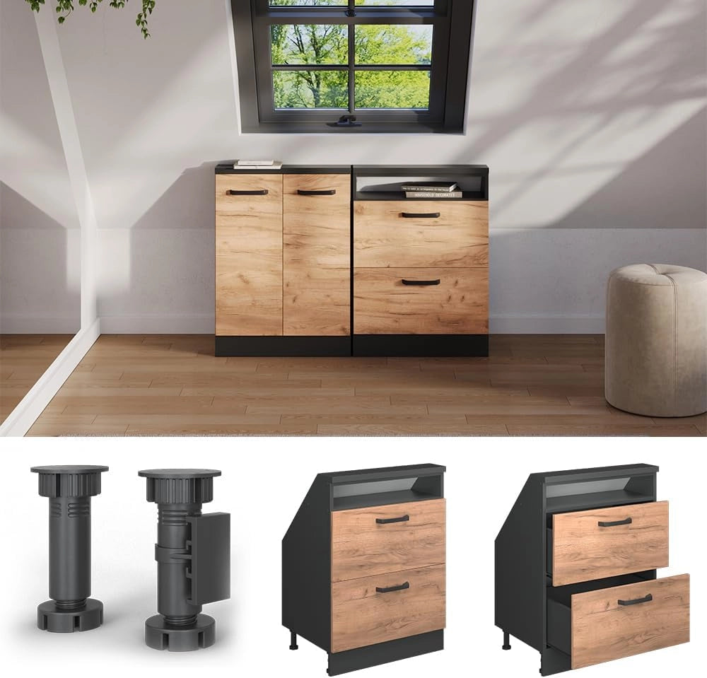 Mobile cucina sottotetto R-Line, Quercia dorata/antracite, 60 cm con 2 cassetti