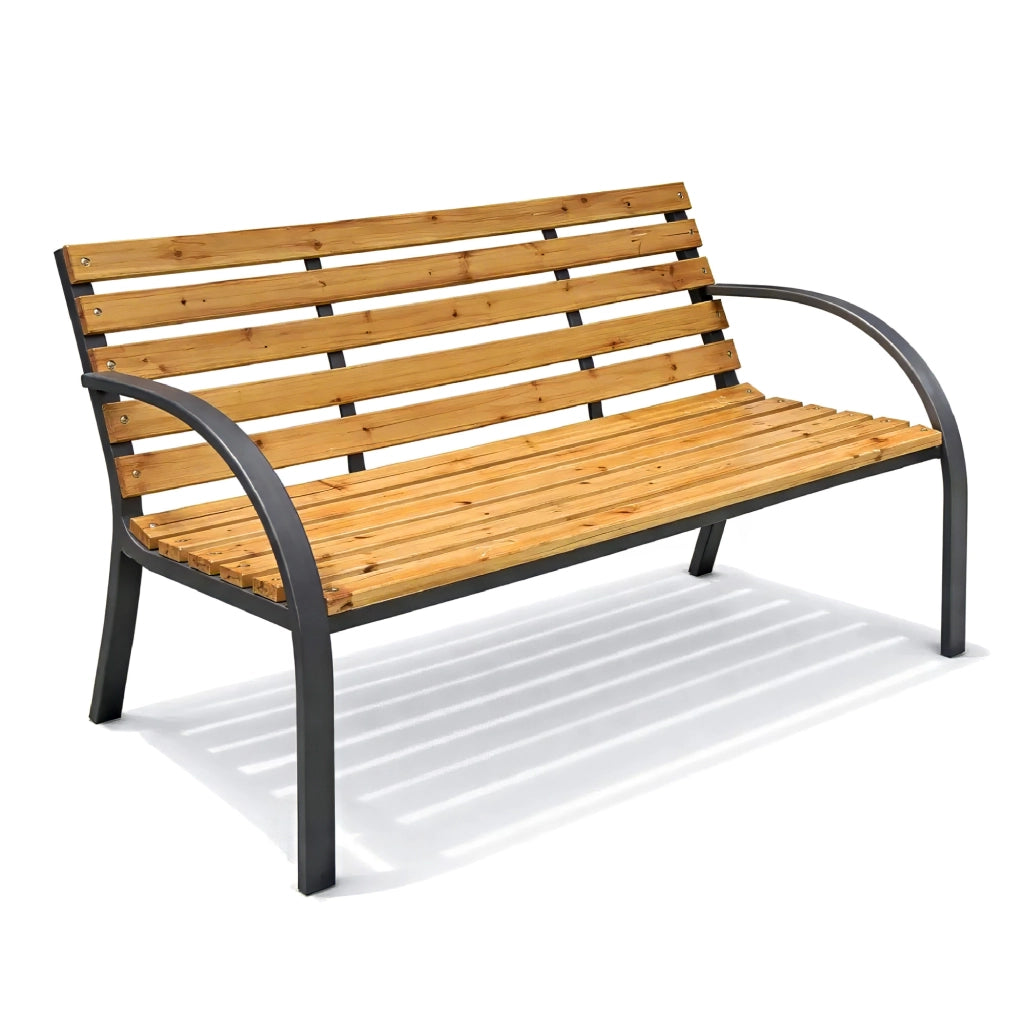 Panchina da Giardino 2 Posti in Legno e Acciaio 120 cm con Braccioli – Panca da Esterno per Terrazzo, Balcone e Giardino – Design Resistente e Comfort Naturale