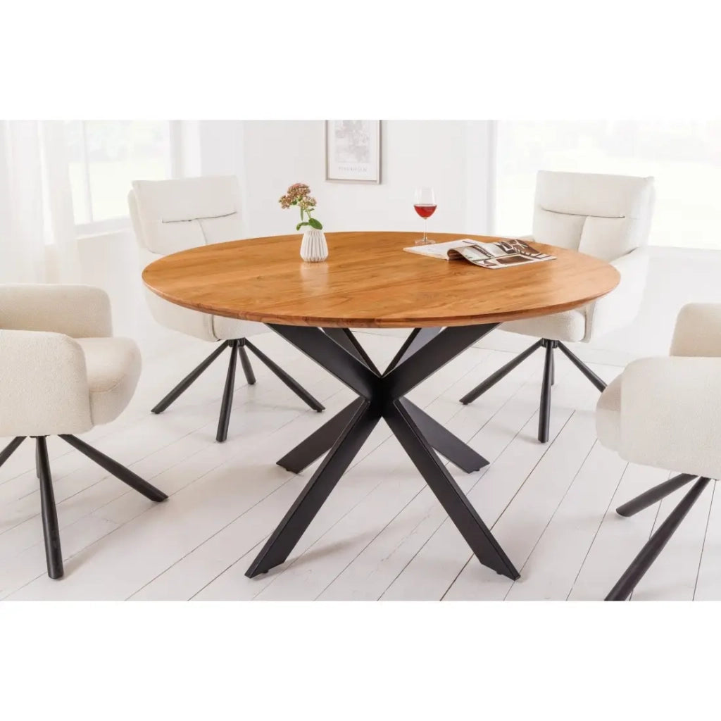 Tavolo da pranzo SOLARA 130 cm – Piano rotondo in acacia massiccia e gambe in metallo nero – Stile industriale chic