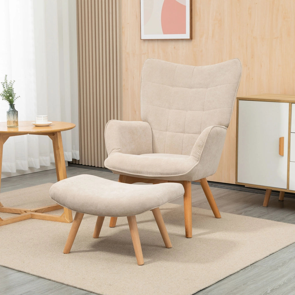Poltrona Relax con Pouf Poggiapiedi in Velluto a Costine con Schienale Alto e Braccioli, Beige