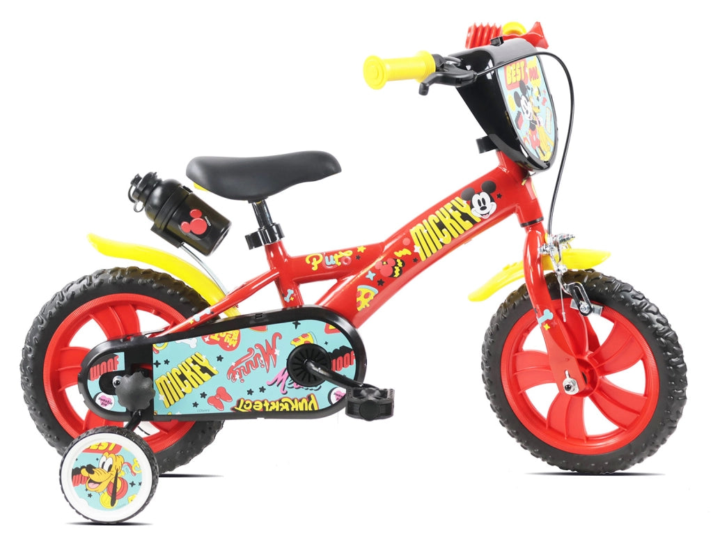 Bicicletta per Bambini 12" Disney Mickey Mouse Freno Caliper e Stabilizzatori in Acciaio Hi-Ten Rosso