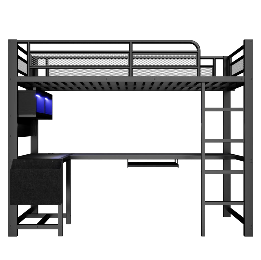 Letto a soppalco 90x200 cm con scrivania; LED e presa di ricarica in MDF e metallo nero