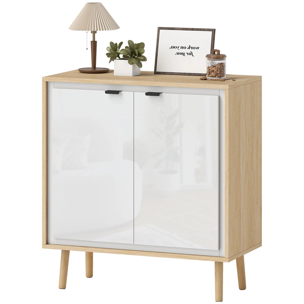 Credenza Moderna a 2 Ante con Ripiano Regolabile. 72x35x77 cm. Bianco Lucido e Rovere
