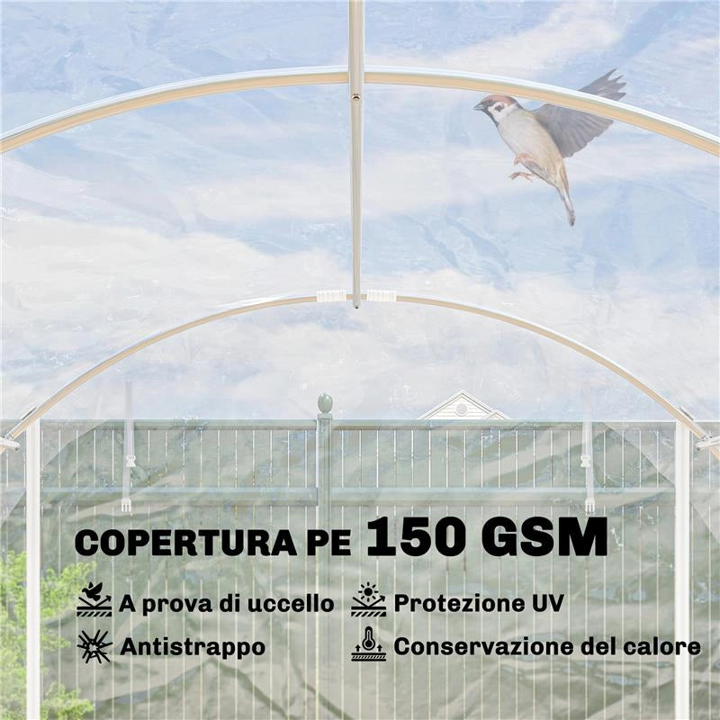 SERRA A TUNNEL 3X4X2 M CON PORTE AVVOLGIBILI, TELAIO IN ACCIAIO E COPERTURA IN PE ANTI-UV, TRASPARENTE