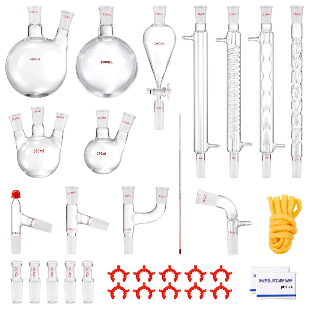 Kit di distillazione da laboratorio da 32 pezzi YHEO-7, apparecchio per oli essenziali 1000 ml in vetro con giunti 24/40