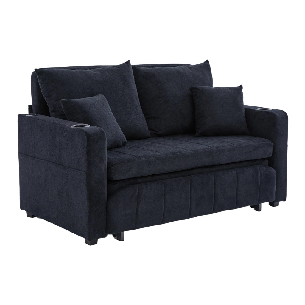 Divano letto 139x83x58 cm in ciniglia nera con USB e portabicchieri