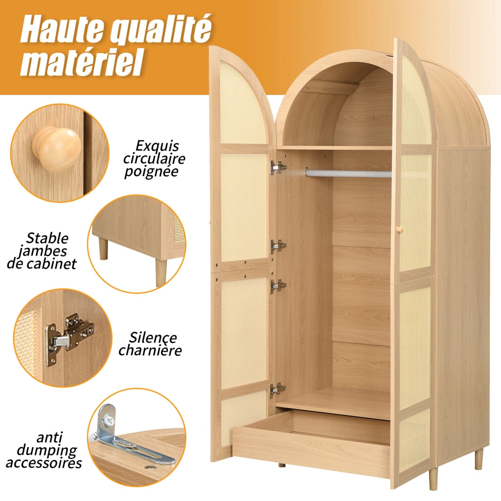 Armadio con ante curve; cassetti e ripiani; frontale in rattan; per camera e ingresso; 80 × 50 × 179 cm