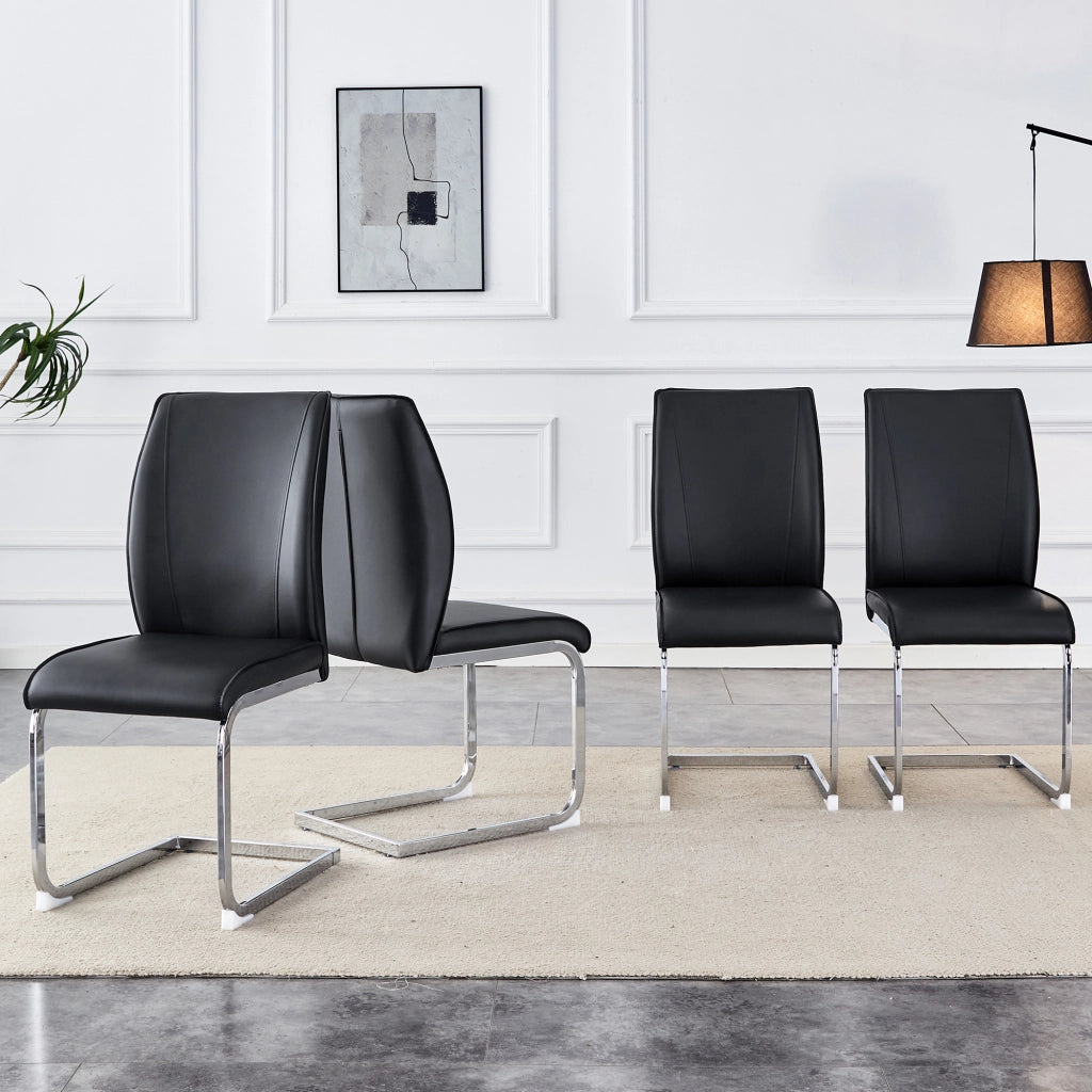Sedie da Pranzo in Ecopelle ¨C MINIMAL ¨C Nero, Gambe in Metallo Argento, Set 4 Pezzi