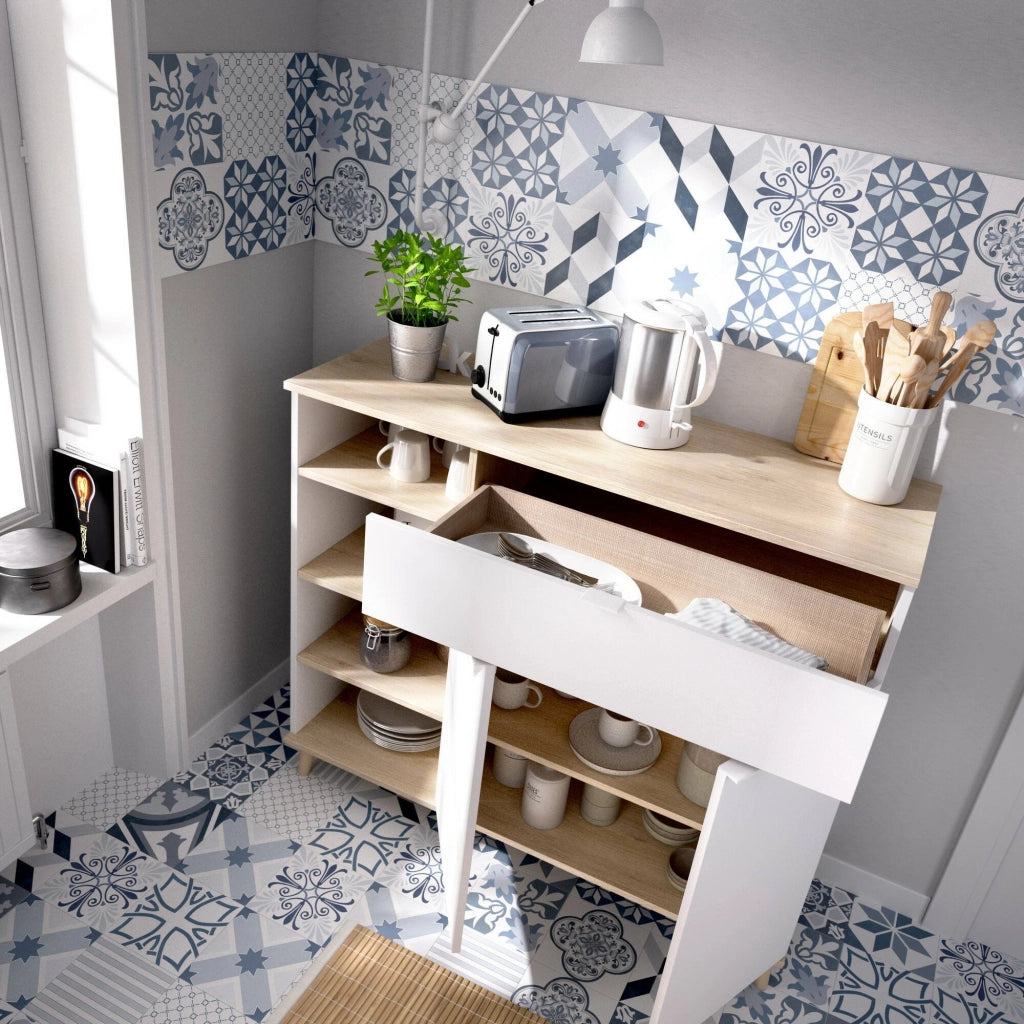 Credenza Aleandro, Buffet dispensa da soggiorno, Madia da salotto moderna a 2 ante, 120x40h102 cm, Bianco e Rovere