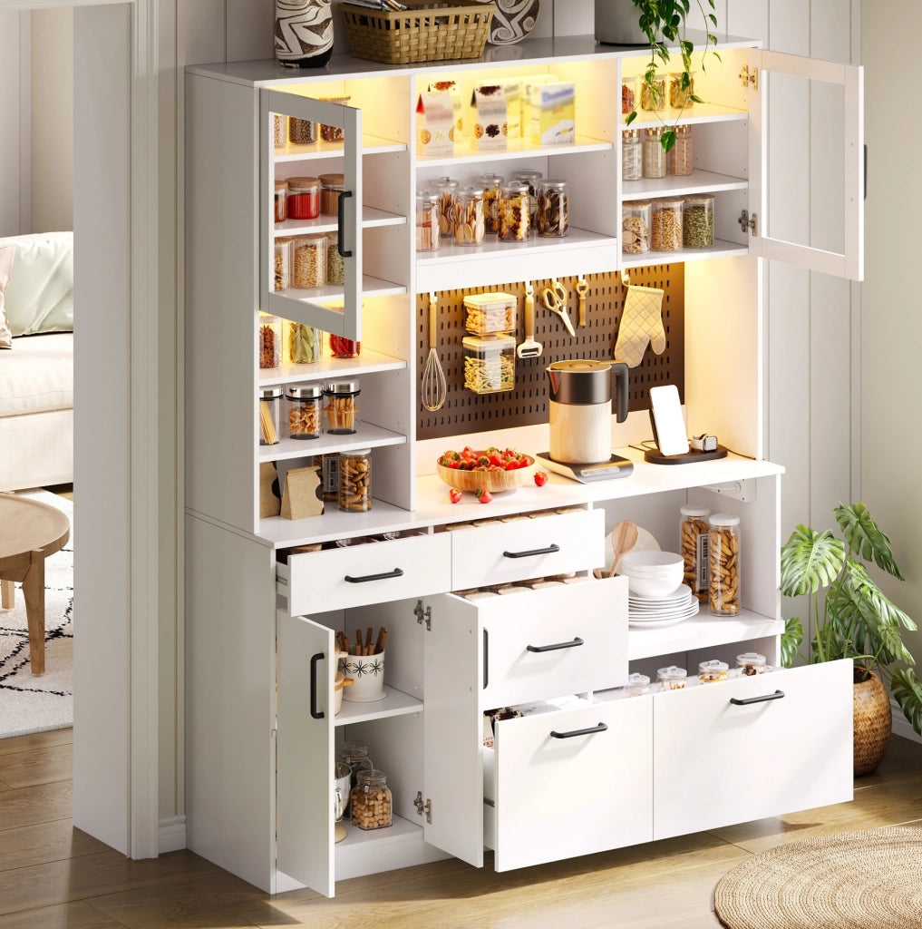 Credenza da cucina 145 x 40 x 185 cm bianca con LED e prese integrate