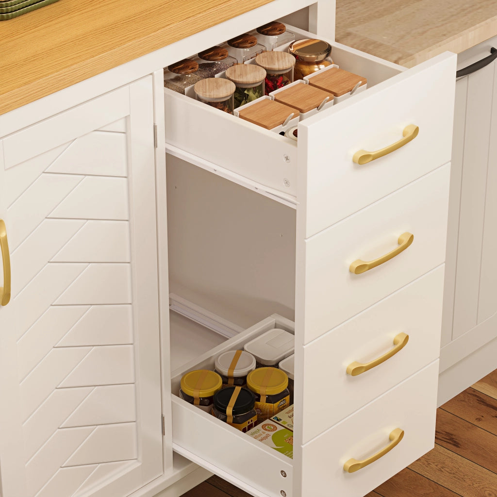 OKWISH Credenza da Cucina con 4 Ante e Illuminazione LED, Stile Retrò Moderno, per Cucina, MDF, Bianco, 105.5×40×180 cm