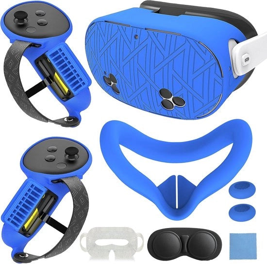 Set di protezione 7 in 1 in silicone – Adatto per Meta Quest 3s – Controller, visiera, cover – Blu a strisce