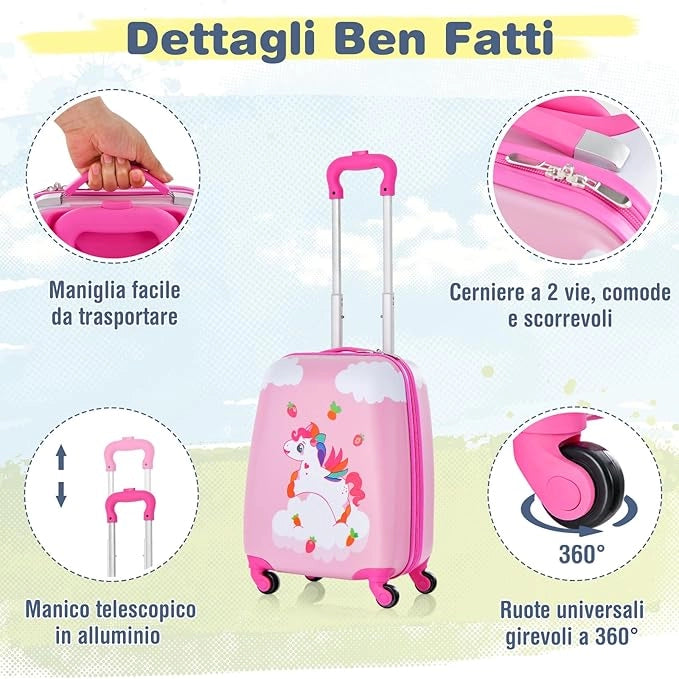 Set di Valigia per Bambini, 16" Valigia+ 12" Zaino, 2 Pezzi, con Ruote Girevoli a 360° e Maniglia Retrattile, Ideale per Viaggiare in Modo Comodo e Divertente (Modello 14)