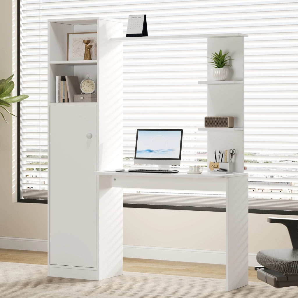 Scrivania multifunzione con armadietto e ripiani, design moderno, 123,5 x 45 x 168,5 cm, bianco