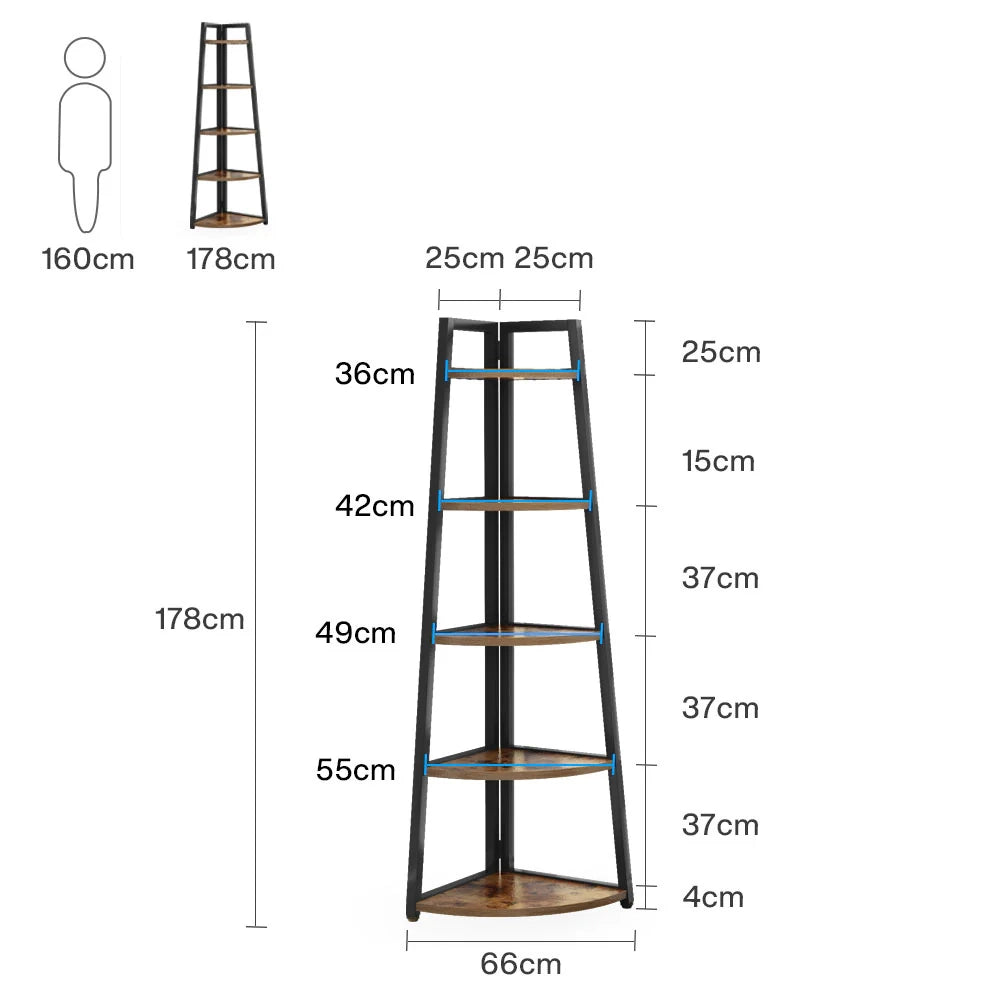 Scaffale angolare a 5 ripiani in metallo e legno, nero o marrone rustico