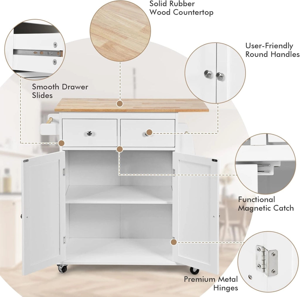 Credenza, Carrello di Servizio con Ruote Regolabile con Portaspezie a 3 Livelli, Armadio in Cucina con 2 Cassetti e 2 Porte, 2 Colori, 88x45x89,5cm