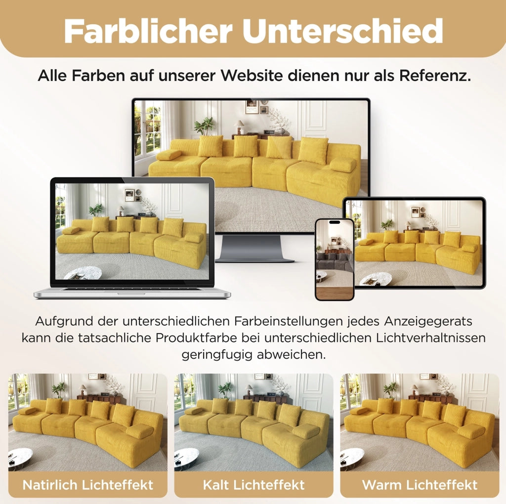 Divano modulare 4 posti in velluto a coste; 4 moduli indipendenti; 311×90×65 cm; giallo brillante