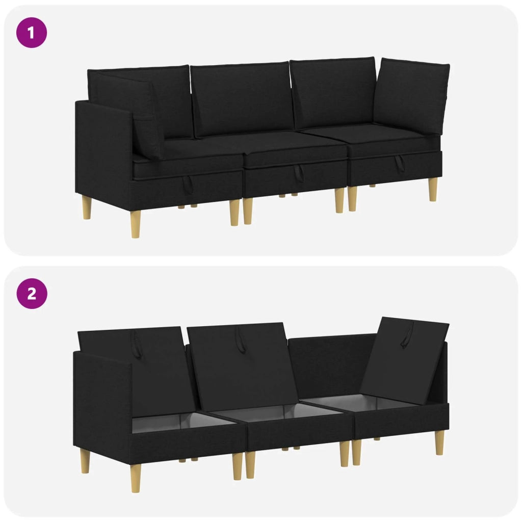 Set di divani modulari con spazio di archiviazione 3 pcs Nero