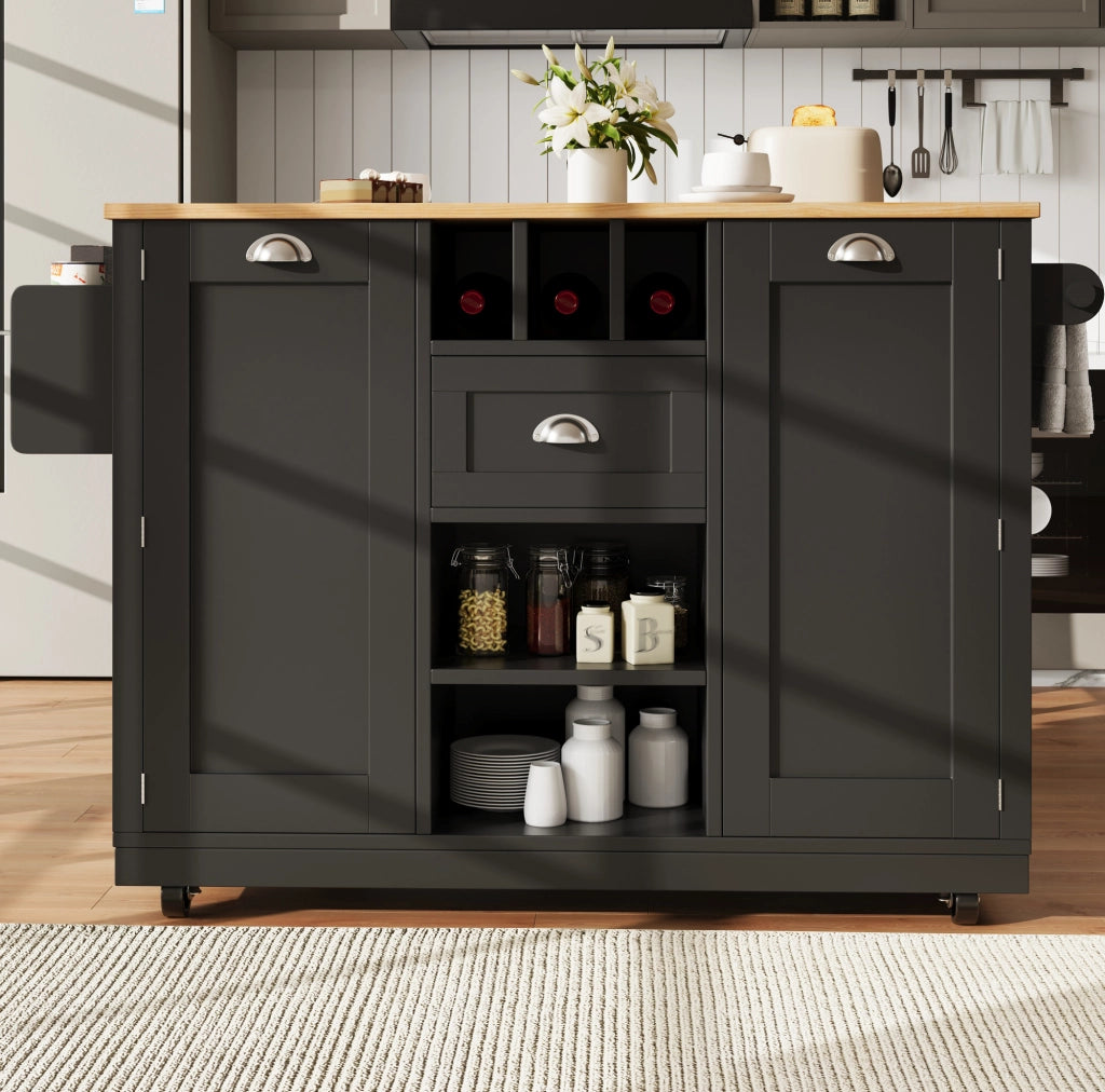 Carrello da cucina 140x40x93.5 cm con piano richiudibile e ruote in MDF nero