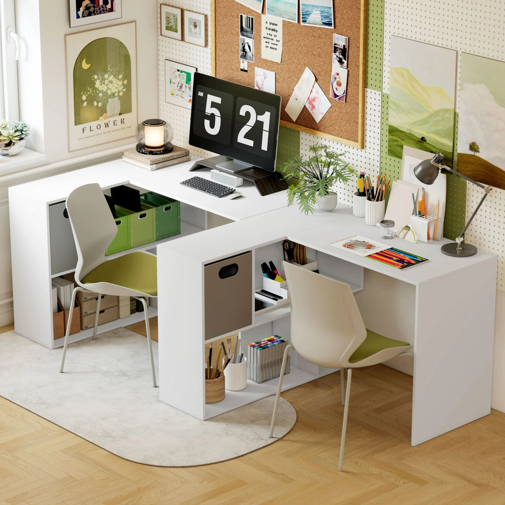 Scrivania Angolare Moderna 110x100x75 cm con Scaffale e Cassetto in Tessuto Bianco