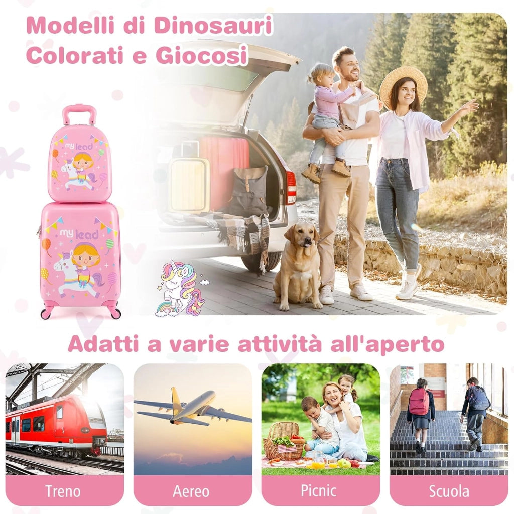 Set di 2 Valigia per Bambini, 17" Valigia+ 13" Zaino, con Ruote Girevoli a 360°, Maniglia Retrattile e Spallacci Regolabili, Ideale per Viaggiare in Modo Comodo e Divertente (Modello 3)