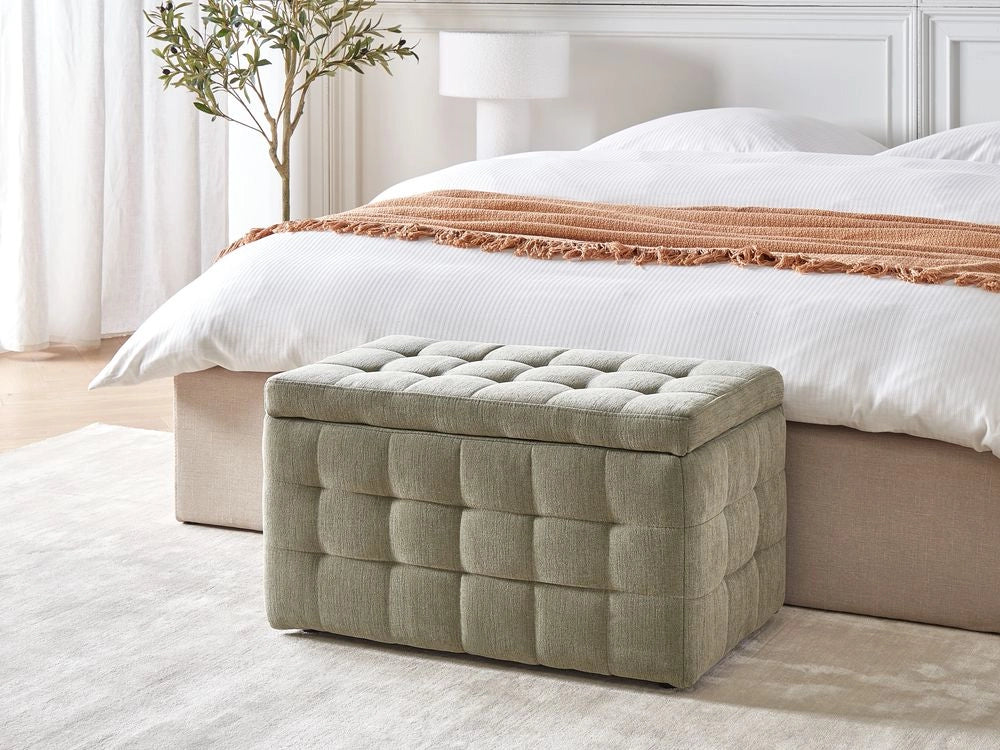 Pouf contenitore in tessuto verde oliva con coperchio trapuntato camera da letto