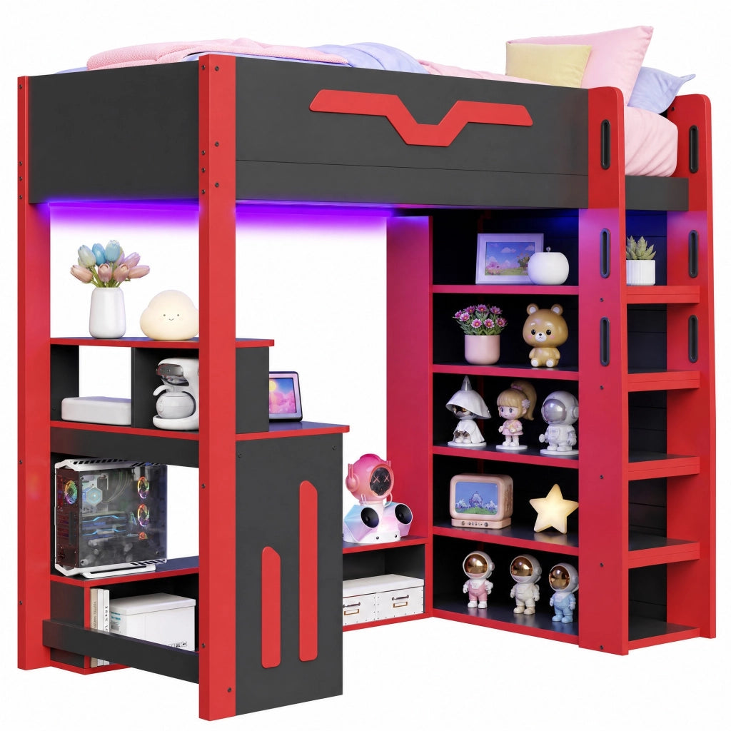 Letto a Soppalco Letto Singolo 90x200 cm con Scrivania; LED e Scaffale; Nero Rosso