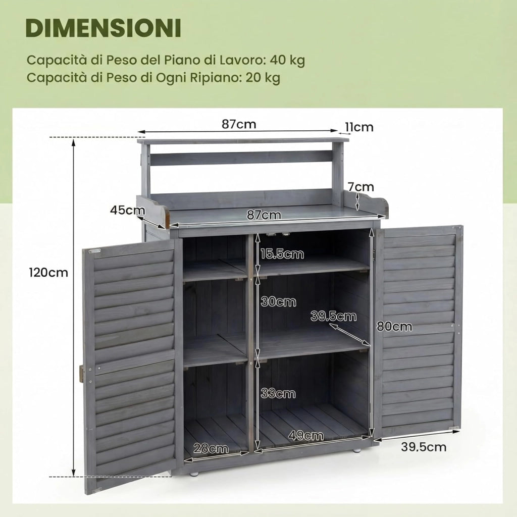 Armadietto da Esterno in Legno a 2 Livelli con Piano di Lavoro in Metallo Zincato, 3 Ganci Appendiabiti, Ripiani Rimovibili e Ante a Doghe, per Giardino, Balcone e Cortile (Grigio)