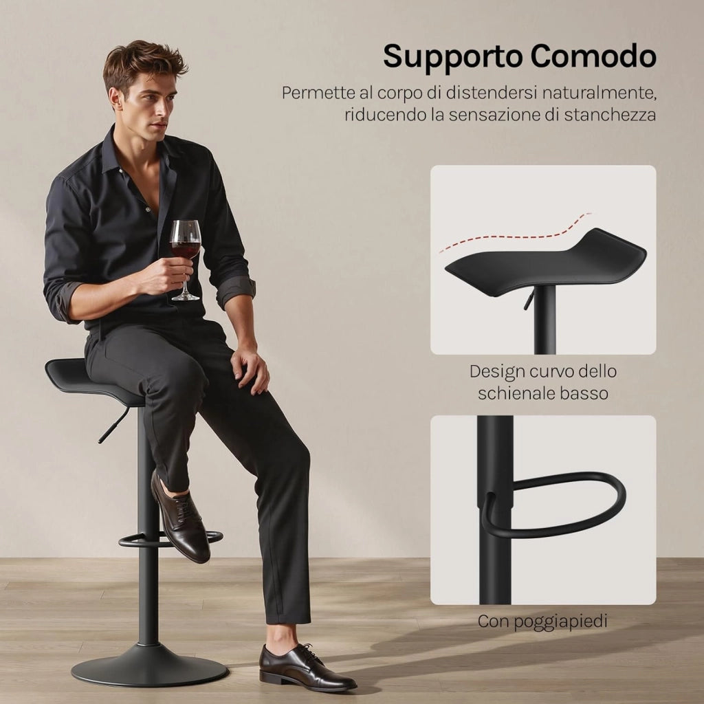 Sgabelli da Cucina Set di 2, Sgabelli da Bar, Altezza Regolabile, Girevoli a 360°, PU, Struttura in Metallo, Soggiorno, Bar, Caffè, Nero+Nero