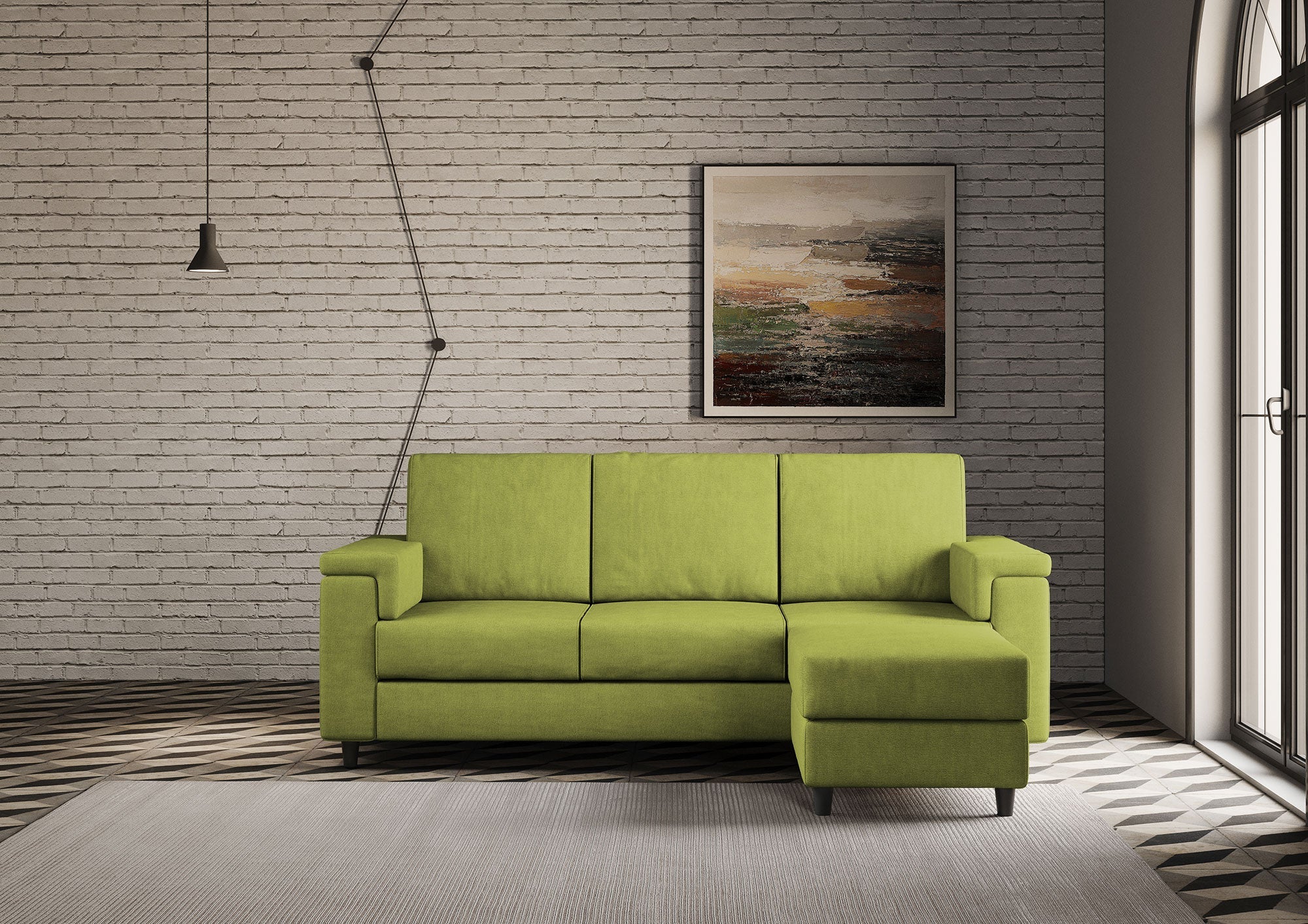 Divano 3 Posti con Pouf 208x155x85 cm Marrak in Tessuto Verde