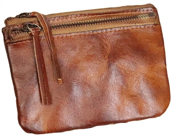 Portamonete in pelle con chiusura a doppio giroscritto - Adatto per banconote ripiegate e monete, marrone, vintage
