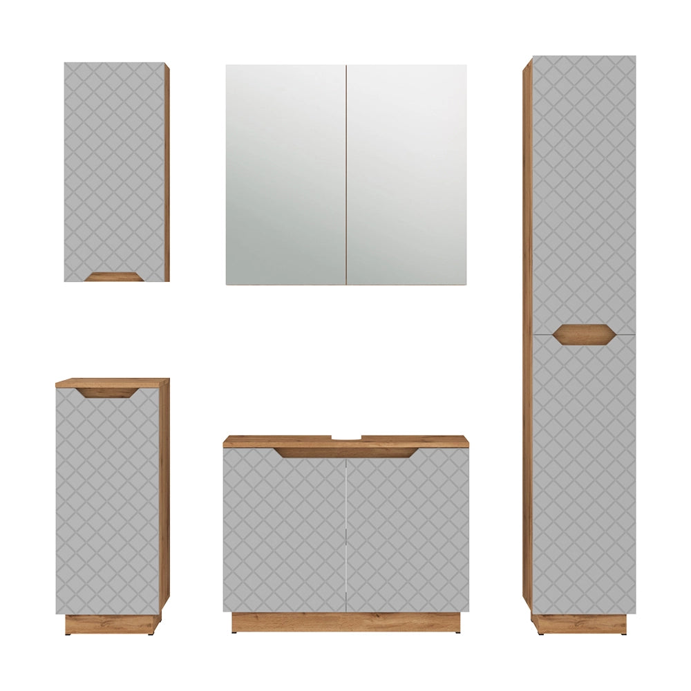 Vicco Set di mobili da bagno Rovere/grigio con struttura in piastrelle 5 parti
